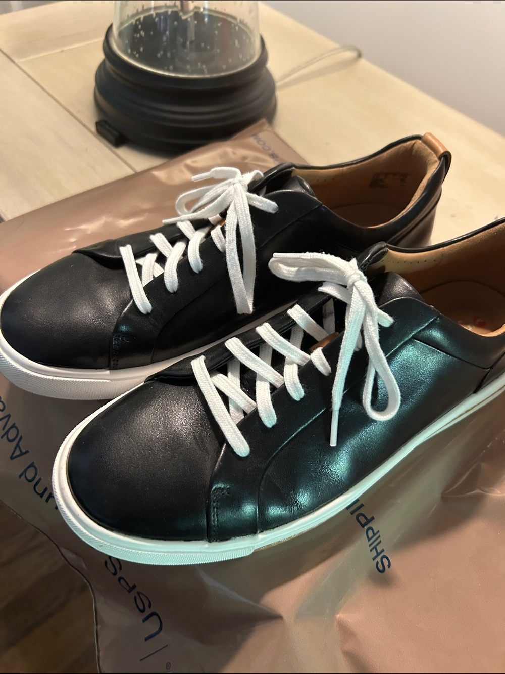 Clarks Black Leather Sneakers with White Laces and White Sole